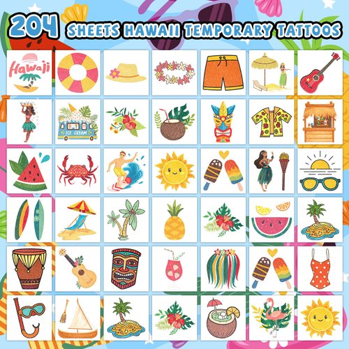 EMOME 204 Sheets Kids Tattoos Luau Beach Party Decorations, Individually Wrapped Glitter Tattoos for Kids Pool Party Favors Supplies, Hawaiian Beach Themed Gifts Decor Goody Bag Stuffers for Kids