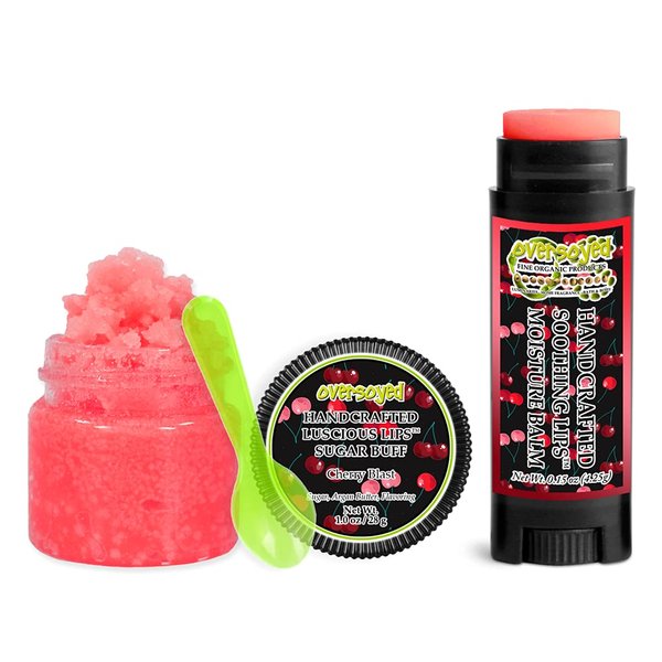 Cherry Blast Soothing & Luscious Lips by OverSoyed Exfoliator & Chapped Lip Repair Lip Care Combo | Artisan Handcrafted to Order Juicy Sweet Cherries Flavored Exfoliating Sugar Lip Scrub & Lip Moisturizer Balm Gift Set