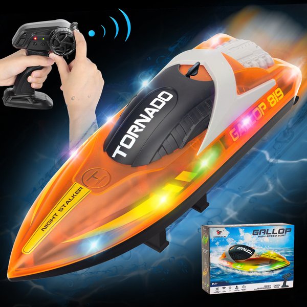 RANFLY RC Boat for Kids, 15+ MPH Fast Remote Control Boat with LED Lights, 2.4G RC Electric Boats Pool and Lakes Toys for Adults