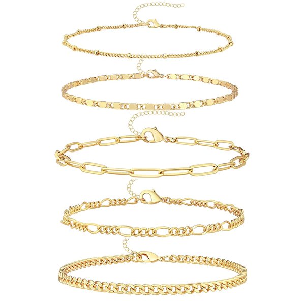 Gokeey Reoxvo Gold Bracelets Jewelry Gifts Set for Women Fashion Dainty Gold Adjustable Layered Link Chain Bracelet Pack for Women 14K Real Gold Cute 5pcs