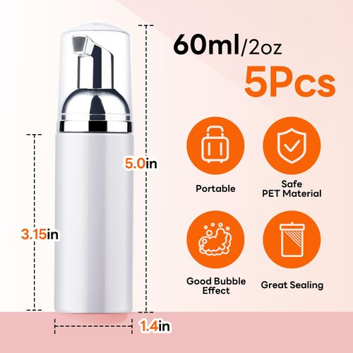 Foam Pump Bottle 60ml Lash Soap Dispenser Bottle Travel 5Pcs Empty Plasitc Refillable Mini Bottle for Hand Soap Shampoo Lash Cleanser Foam Bottle