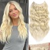 SilkStrands Invisible Wire Hair Extensions 20 Inch Secret Halo Hair Extensions with Adjustable 4 Clips Soft Transparent Lace Bleach Blonde Halo Hair Extensions Long Wavy Hair Extensions for Women