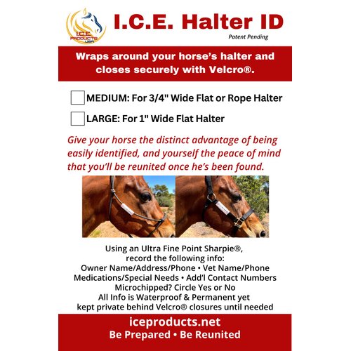I.C.E. Halter ID Wraps Around a Flat or Rope Halter and Provides Your Emergency Contact Info to First Responder. Ideal for Everyday Use as well as for Natural Disaster Preparation (Large)