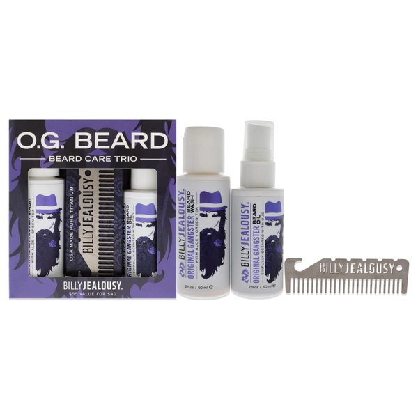Billy Jealousy Original Gangster Beard Kit with Trave Size Beard Wash, Beard Oil and Titanium Keychain Comb to Cleanse, Stengthen & Soften Facial Hair, Oud Wood Scent