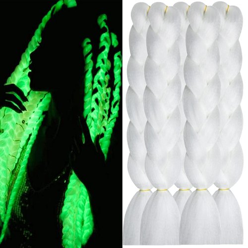 White Braiding Hair Extensions Glowing Braiding Hair Kanekalon Braids Hair Shining Jumbo Braiding Hair Glow in the Dark Braids Hair(White,5pack)