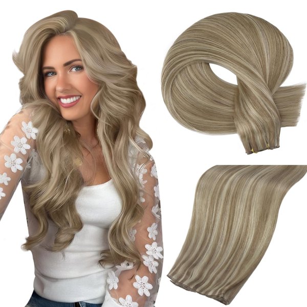 Full Shine Genius Weft Hair Extensions Sew In Hair Extensions Real Human Hair Color Light Brown Highlight Platinum Blonde Hair Weft Invisible Highlight Sew In Extension Blonde Hair 50G 18 Inch