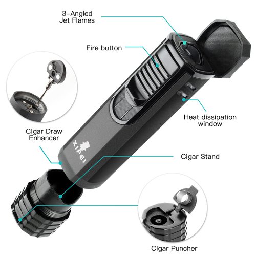 XIFEI Cigar Lighter 3-Angled Jet Flames, Cigar Puncher, Cigar Draw Enhancer, Cigar Stand, 4-in-1Refillable Butane Torch Lighter (Sand Black)
