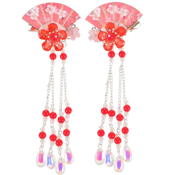 LALAFINA 2pcs Women Hair Headwear Cosplay Festival Chinese Tassel Bead Japanese Traditional Clip Red Pin Costume New Qipao Decorations For Spring Year Hairpins Fan Accessories Flower