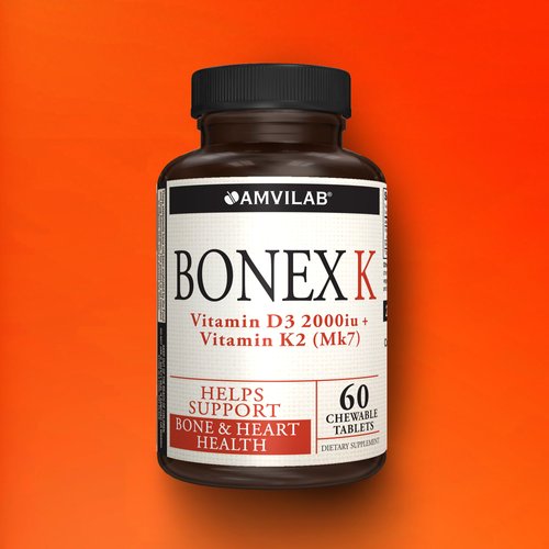 AMVILAB Bonex K Supplement|Vitamin D & K Complex|Supports Heart, Bones & Teeth Health|2000IU Vitamin D3 & 75mcg Vitamin K2|Non-GMO|Small & Easy to Swallow|60 Day Supply Chewable Tablets
