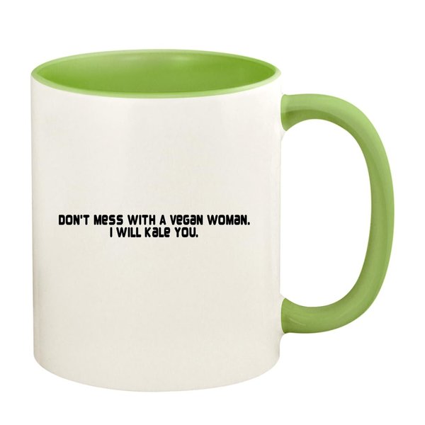 Knick Knack Gifts Don't Mess with A Vegan Woman. I Will Kale You. - 11oz Ceramic Colored Handle and Inside Coffee Mug Cup, Light Green