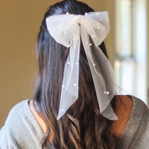 Jeairts Bridal Hair Bow Veil Pearl Wedding Hair Piece White Tulle Bow with Clip Bachelorette Party Hair Accessories for Women and Girls