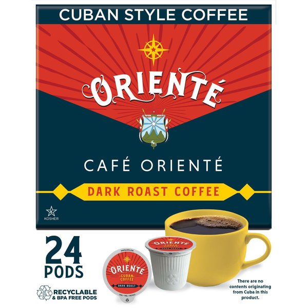 Oriente Dark Roast Cuban Coffee Pods, 24 ct | Cafe Oriente Authentic Cuban Coffee Inspired Style | 100% Arabica Coffee | Solar Energy Produced Recyclable Pods Compatible with Keurig K Cups Maker