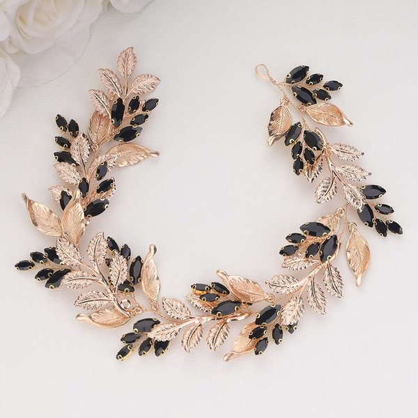 BERYUAN Rhinestone Leaves Wedding Hair Vine Crystal Rhinestone Gold Leaves Hair Vine Women Wedding Hair Accessories Crystal Rhinestone Wedding Headpiece for Women (black)
