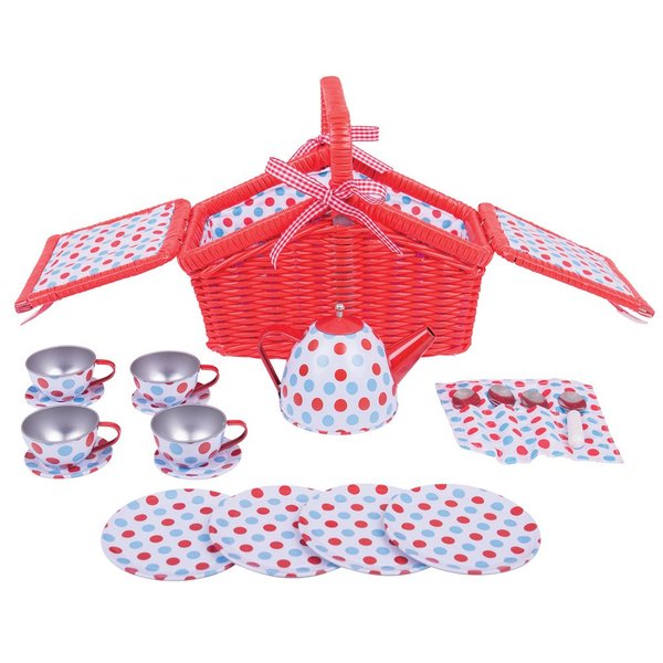 Bigjigs Toys Colourful Spotted Tea Set and Carry Basket - Pretend Role Play