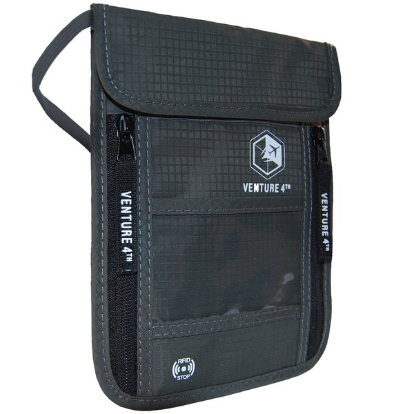 VENTURE 4TH Passport Holder Neck Wallet with RFID Blocking Nylon Lining - Hidden Neck Pouch for Travel (Grey)