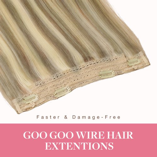 GOO GOO Wire Hair Extensions Human Hair, 16/22 Light Blondewith mix Golden Blonde Highlighted 18inch 95g, Invisible Wire Hair Extensions with Transparent, Seamless Fish Line Hairpiece