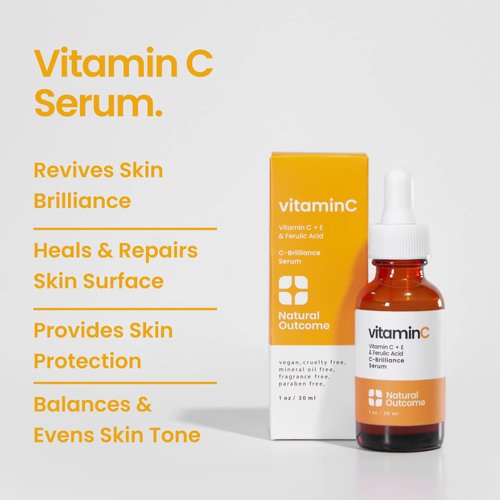 Natural Outcome Vitamin C Serum with Vitamin E & Ferulic Acid | Anti-Aging Radiance Restoring Facial Serum | Powerful Antioxidant Lift Fine lines, Wrinkles, & Sunspots | Firms & Hydrates Skin | 1 Oz