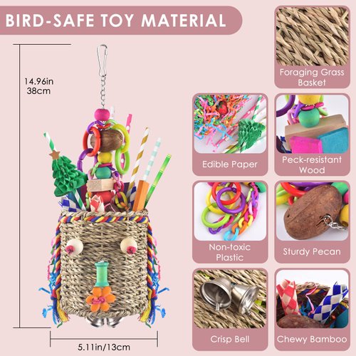 KATUMO Bird Foraging Toys, Seagrass Basket Bird Toy with Array of Chewable Parrot Toys for Small Medium Parrot Birds
