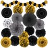 Recosis Black and Gold Decorations, Paper Pompoms Fan for Graduation Birthday Wedding Prom Night New Years Black and Gold Party Decorations