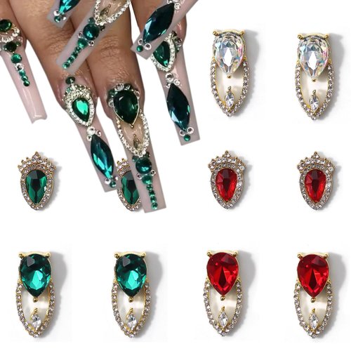 10Pcs 3D Nail Charms Emerald Crystal Nail Rhinestones and Gems Gold Luxury Metal Nail Jewels Sparkling Alloy Nail Charms for Acrylic Nail Supplies Silver Nail Art Charms for Women DIY Nail Accessories