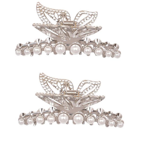 ZOONAI Butterfly Hair Claw Clips, Women Girls Pearl Crystal Claw Clips Rhinestone Big Butterfly Hold Hair Jaw Hair Accessories-Set of 2 (Silver)