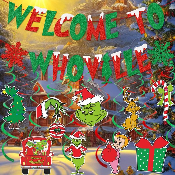 Welcome to Whoville Banner Whoville Christmas Decorations Christmas Whoville Decorations Green Christmas Decorations The Christmas Decor Christmas Party Supplies