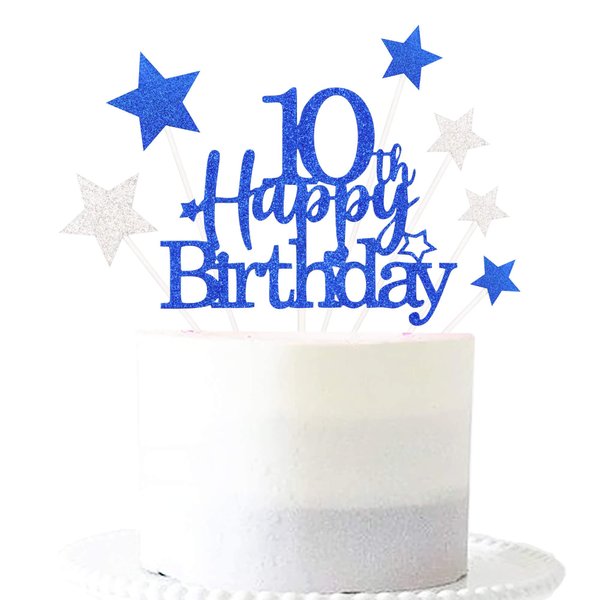 Pargleev Glittery 10th Cake Topper with Star Boys and Girls 10th Birthday Party Supplies, Ten Years Old Birthday Party Decorations Royal Blue