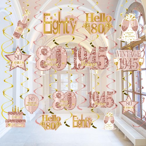 Turypaty Pink Gold 80th Birthday Decorations Hanging Swirls for Women, Rose Gold Happy 80th Birthday Vintage 1945 Foil Swirls Party Supplies, Eighty Year Old Birthday Ceiling Decor