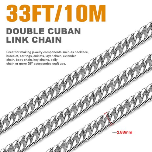 33 Feet Stainless Steel Double Cuban Link Chain Roll, 2.88mm Width 304 Stainless Steel Curb Chains Spool Bulk for Jewelry Making Chain