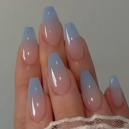 DANMANR Square Fake French Nails False Long Nails Full Cover Acrylic Long Fake Nails for Women and Girls 24PCS (Blue shiny)