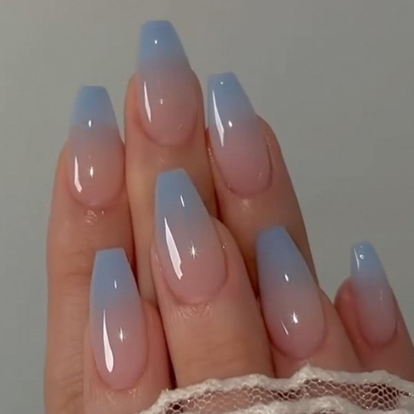 DANMANR Square Fake French Nails False Long Nails Full Cover Acrylic Long Fake Nails for Women and Girls 24PCS (Blue shiny)