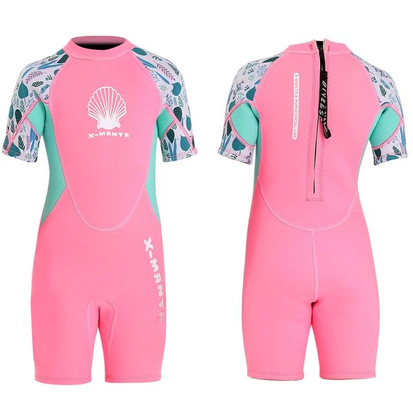 Kids Wetsuit Shorty Suits Girls 2.5mm Neoprene Swimsuit UV Protection Keep Warm Long Sleeve Wetsuits for Swimming Diving Scuba M Size