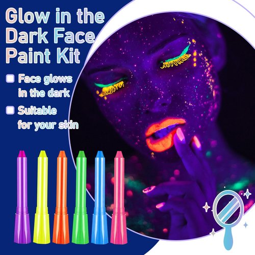 Glow in The Dark Face Body Paint Crayons Kit,Luminous Neon Face Paint Sticks,Fluorescent Face and Body Black Light Paint Markers for Halloween Mardi Gras Parties Masquerades Makeup