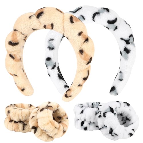 ACO-UINT 6Pcs Leopard Print Spa Headbands and Wrist Washbands Set, Skincare Headbands Makeup Headband Sponge Face Wash Headband, Terry Cloth Headbands Puffy Hair Band for Washing Face