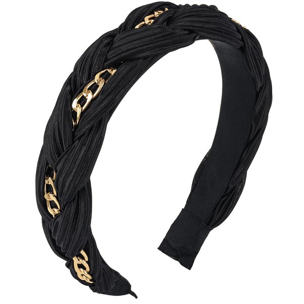 PLwelth Black Headband for Women Girls Gold Chain Padded Headband Non Slip Soft Hairbands Cute Makeup Braided Wide Headband for Thin Thick Long Short Curly Aesthetic Hair Party Accessories