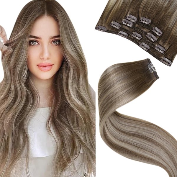 LaaVoo Hair Extensions Clip ins Real Human Hair Balayage Light Brown to Blonde Ombre Human Hair Clip in Extensions Short Clip in Hair Extensions Double Weft 12 Inch 5pcs/80g