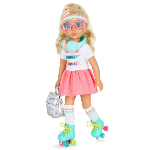 Glitter Girls – Sunnie 14-inch Poseable Fashion Doll – Blonde Hair & Green Eyes – Retro Rainbow Roller Skates, Backpack, and Headphones – Toys, Clothes, and Accessories for Kids Ages 3+