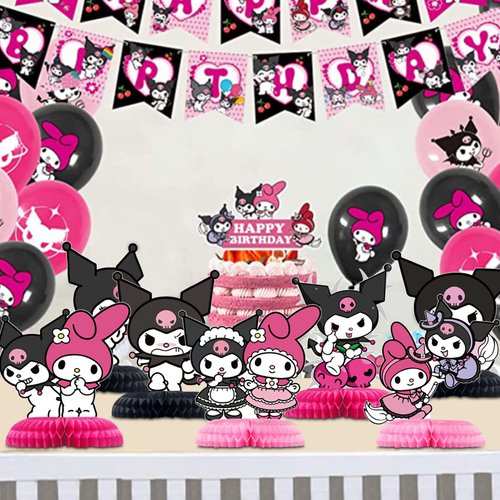 7Pcs Kuormi Birthday Party Supplies, Melody Theme Table Centerpieces, 3D Double Side Honeycomb Table Toppers, Cake Toppers, Kawaii Birthday Decorations for Girls and Boys