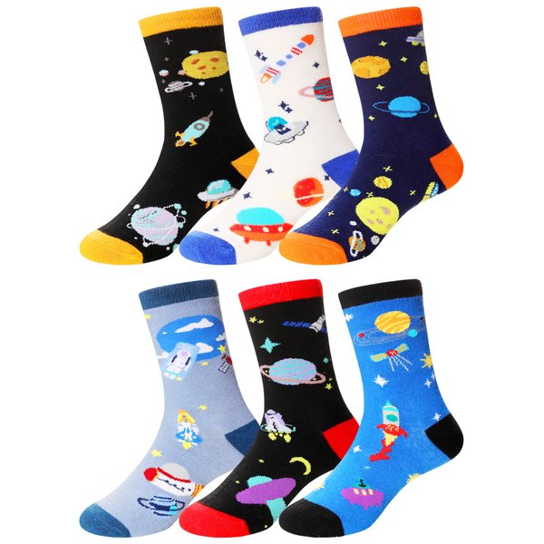 Kids Boy Socks Cotton Novelty Funny Animal Pattern Sport School Daily Crew Socks for Teenage Boys 6 Pairs(Space, 6-8 Years)
