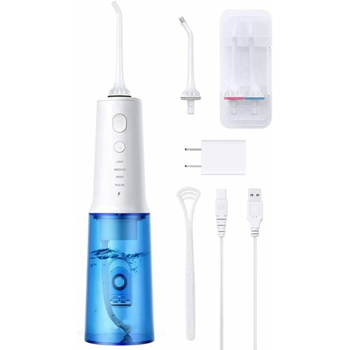 Water Flosser, Cordless Teeth Cleaner with 320ML Water Tank, Tongue Brush, USB Rechargeable Portable Dental Oral Irrigator, IPX7 Waterproof, 4 Nozzles with Storage Box, Travel Pouch, Long Battery Life
