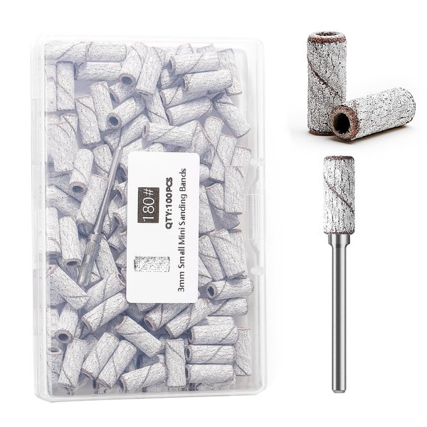 ERUIKA 100pcs Nail Drill Bits Small Sanding Bands with Upgrade 3.1mm Mandrel Bit,180 Fine Grit Nail File Sanding Bands for Acrylic Nails Gel Removing Shaping Manicures and Pedicure(Zebra, 180 Grit)