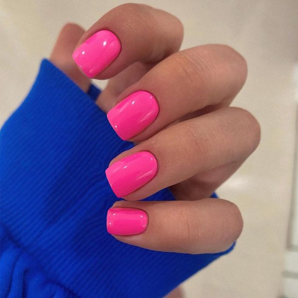Hot Pink Press on Nails Short Square Nails,KXAMELIE Short Fake Nails Glue on Nails,Acrylic Nails Press ons Soft Gel Nails for Girls,Stick on Nails for Women in 24PCS