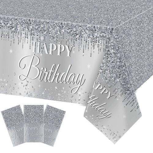 Silver Happy Birthday Party Decorations Silver Theme Table Covers Silver Glitter Birthday Party Tablecloths Supplies Diamonds Silver Party Tablecloths for Baby Shower Wedding Birthday Parties Supplies