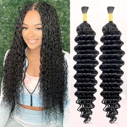 BUGUQI Human Braiding Hair 2 Bundles 100g Deep Wave Bulk Boho Braids Human Hair Unprocessed Brazilian Virgin Curly Hair Extensions for Braids Natural Black Color No Weft(18 Inch)