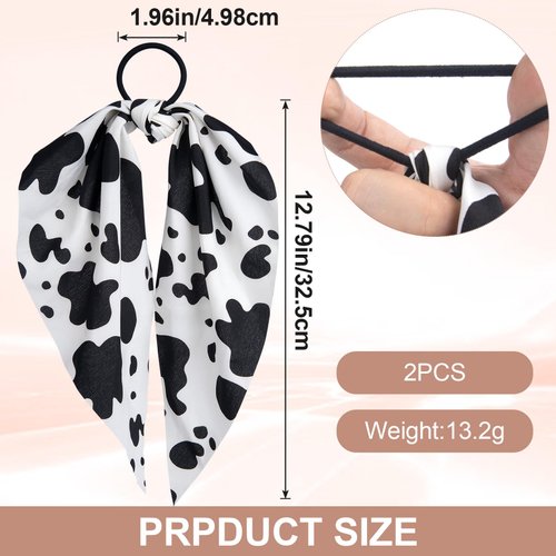 Pndeyo 2pcs Cow Print Hair Band for Women, Non-Slip Elastic Print Hair Ties Scrunchies, Rabbit Bunny Ear Bow Ponytail Holder Hair Ropes Halloween Accessories for Curly Straight Thin Thick Fine Hair