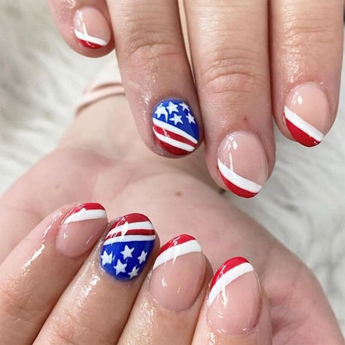 4th of July Press on Nails Short Almond Shape Fake Nails Independence Day Glue on Nails Glossy Red White French Tip Full Cover False Nails Star American Flag Artificial Nails for women Girls 24Pcs