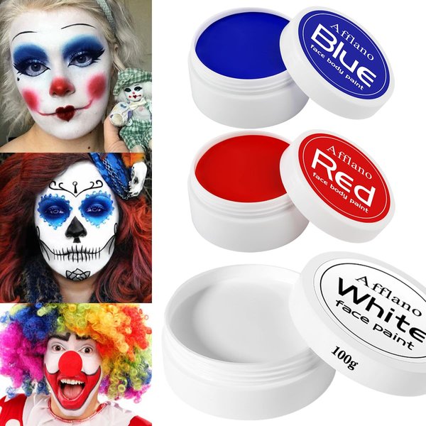 Afflano Blue Body Paint 4th of July Face Painting 200g, Joker Clown Makeup Red White and Blue Face Paint Kit, Pride Face Painting for USA Flag SFX Skeleton Halloween Makeup Eye Black Football Sport