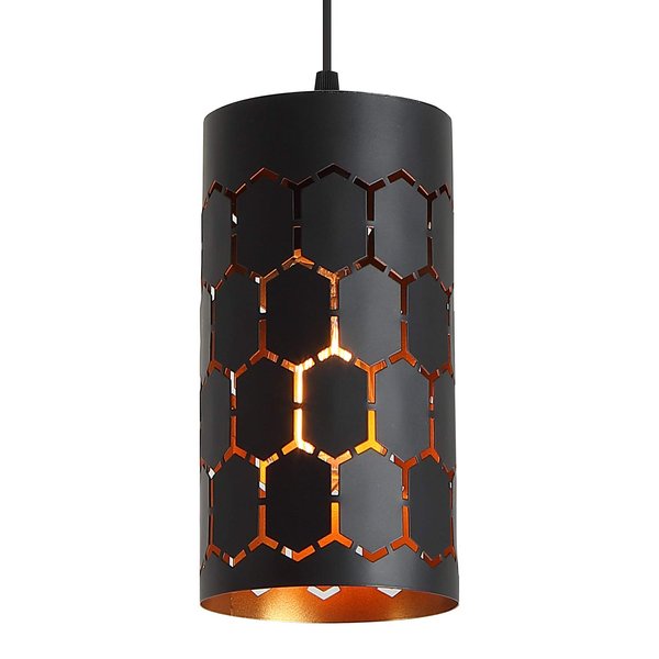 Contemporary Pendant Light with Cylindrical Metal Cage, One-Light Adjustable Industrial Mini Pendant Lighting Fixture for Kitchen Island Cafe Bar, Gold Inner and Black Finish