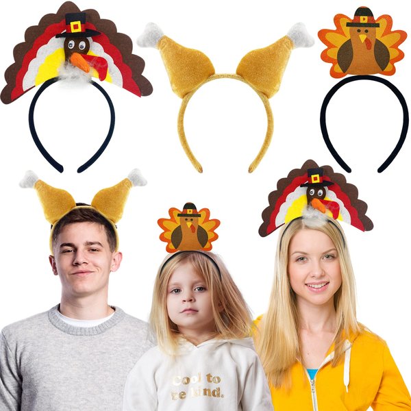 Camlinbo 6 Pcs Thanksgiving Turkey Headbands 3 Styles Thanksgiving Costume Party Favors Accessories Head Boppers