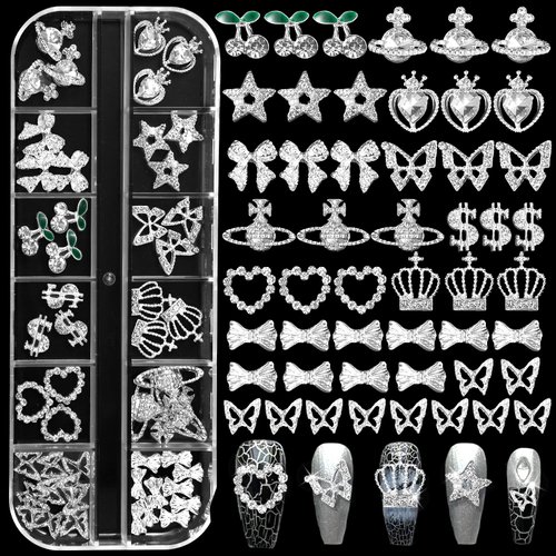 50 Pcs Silver Nail Charms Gems Set, Silver Planet Cherry Butterfly Dollar Crown Star Heart Nail Rhinestones Charms+3D Alloy Butterfly Bows Nail Gems Luxury Nail Rhinestones for Nail Art DIY Decor